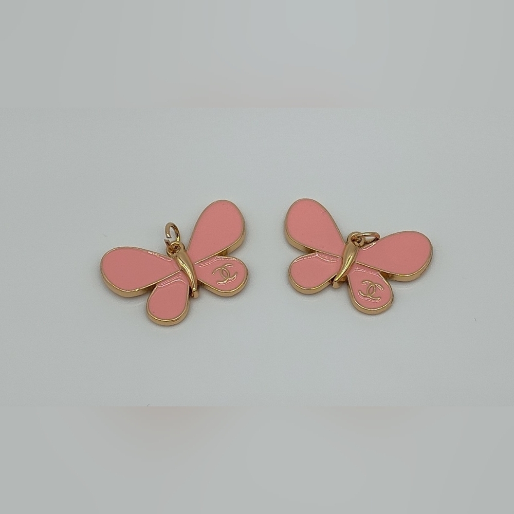 CHANEL Pink Enamel Butterfly Charms Set of 2 Karl Lagerfeld Era Signed Gold Tone